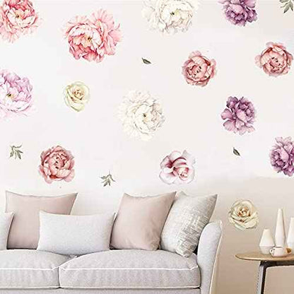 Large Floral Wall Decals, 15 Peonies Flower Set Stickers for Bedroom, Living Room, Nursery, Elegant Floral Decals for Home Decor, Boho Botanical Style