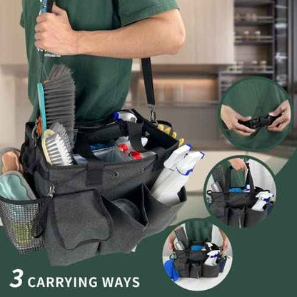 Large Cleaning Caddy Bag, Wearable Cleaning Supplies Organizer with Shoulder and Waist Straps, Multiple Compartments Organizer Tote with Detachable Divider for Cleaners (Black)