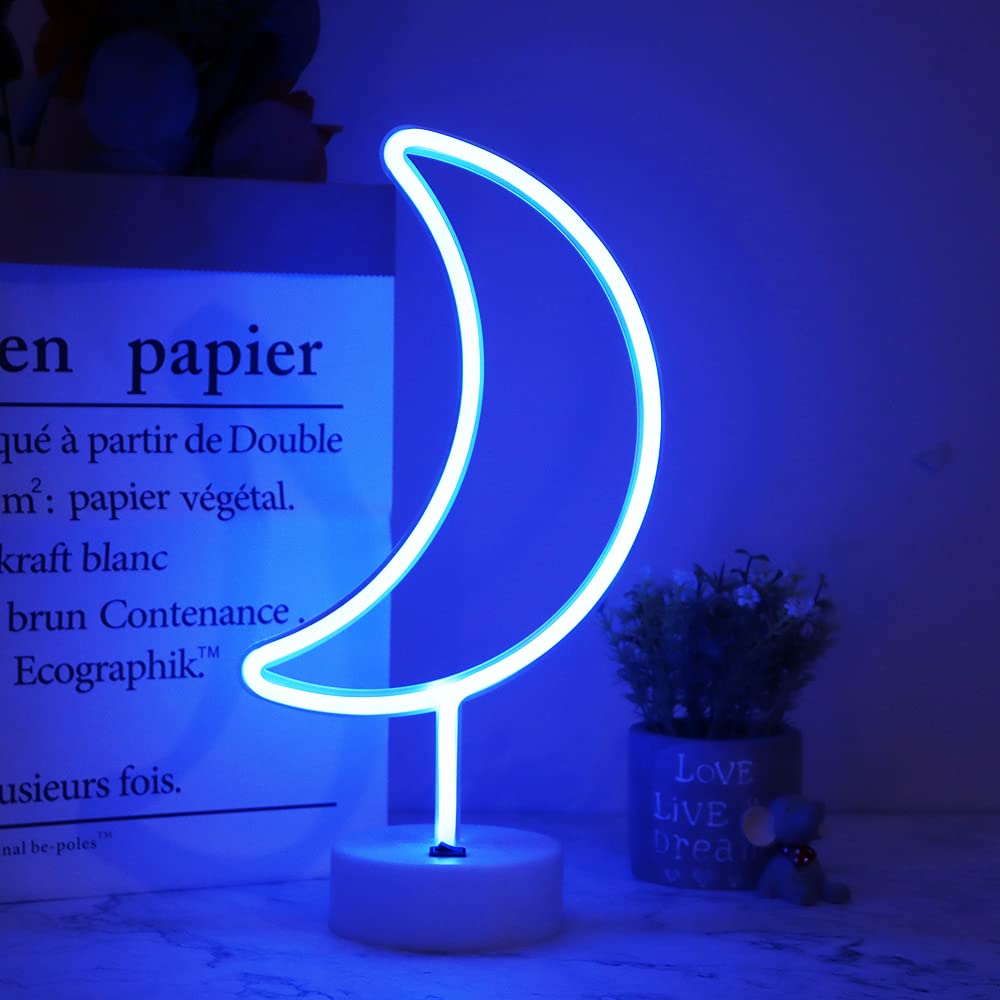 Vicila Neon Moon Lights, LED Moon Decor Neon Signs Crescent Night Lights Art Decorations Lamp for Party Supplies, Children Kids Girls Gift-Holder Base(Blue)
