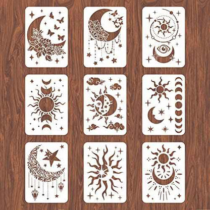 INFUNLY 9PCS/Set Sun Moon Wall Stencils for Painting 12x8 Mandala Tile Stencil Large Flower Star Concrete Floor Stencils Reusable Drawing Template for Painting Wood Canvas Furniture Patio Home Decor