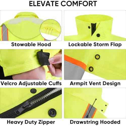 TICONN Reflective Rain Coat, Waterproof Hi Vis Safety Rain Jacket, Heavy Duty ANSI Class 3 High Visibility Trench Coat
