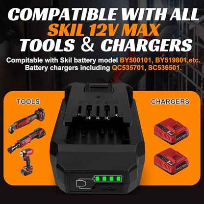 12V 6.0Ah Battery for SKil PWRCORE 12V Series Cordless Power Tools, Replacement for Skil Battery Model BY500101, BY519801,etc