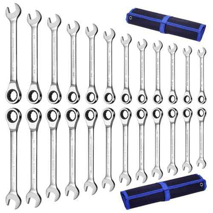 24pcs Ratcheting Wrench Set with Rollup Pouches Metric (8mm to 19mm) & SAE (1/4" to 7/8") Ratchet Combination Wrenches Set Wrench set Metric and Standard