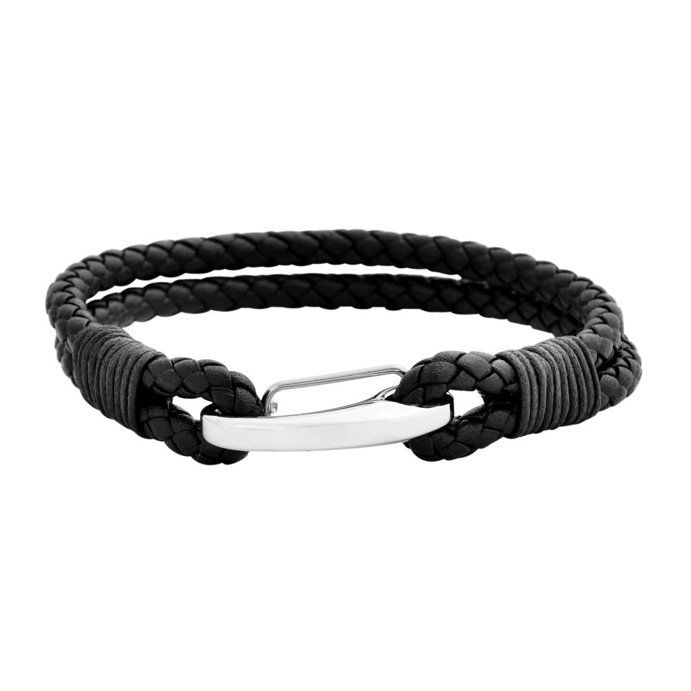 Edforce Braided Genuine Leather 2-Strand Cuff Bracelet with Stainless Steel Clasp (Brown)