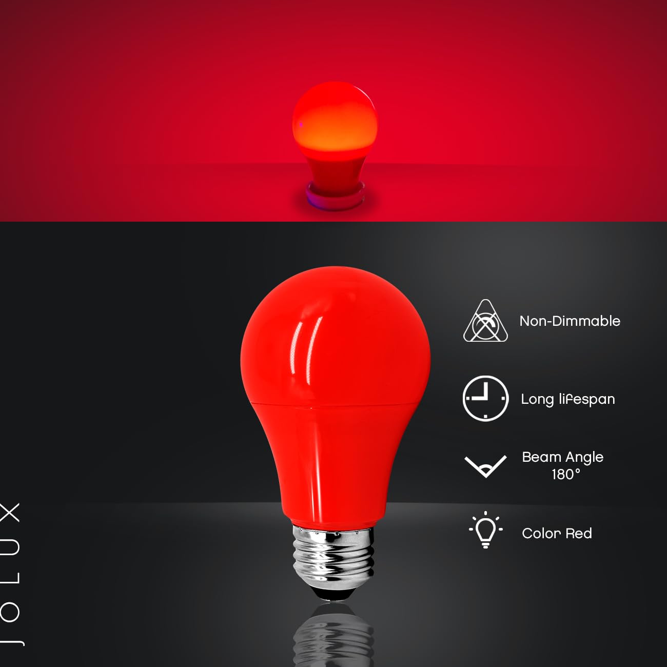 Jolux 12 Pack Red Light Bulbs A19 7W (60W Equivalent), E26 Red LED Lights for Holiday Lighting, Porch, Party, Bar Ambiance Decor, Halloween, Christmas, New Year Decor, Non-Dimmable