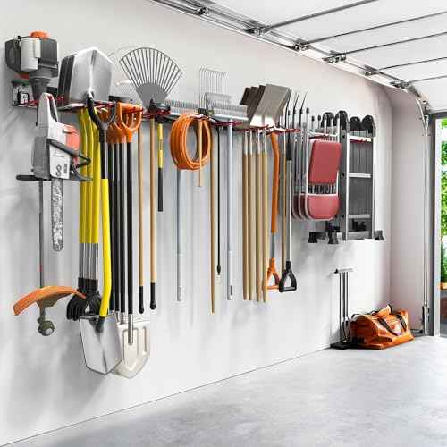 TORACK Garden Tool Organizer Wall Mount, Garage Folding Chair Storage Rack, Tools Rack for Shovels, Rakes, Broom, Ladders, Hooks for Keyhole Style Shelving Unit