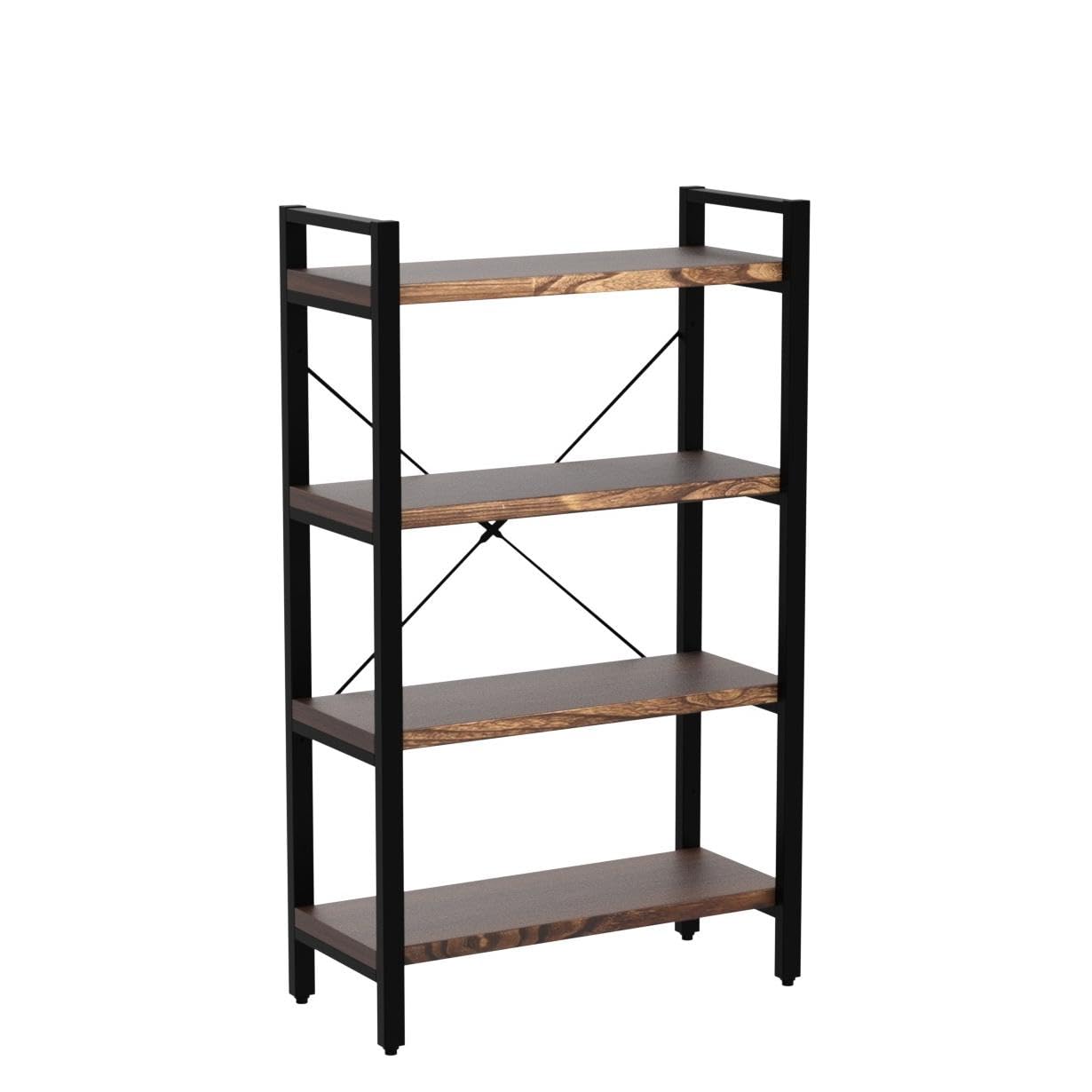 WH-AOERPUMY Solid Wood Bookshelf,4 Tier Rustic Vintage Industrial Etagere Bookcase, Open Metal and Wood Vintage Book Shelf, Retro Brown (RealWood)(4-Tier)