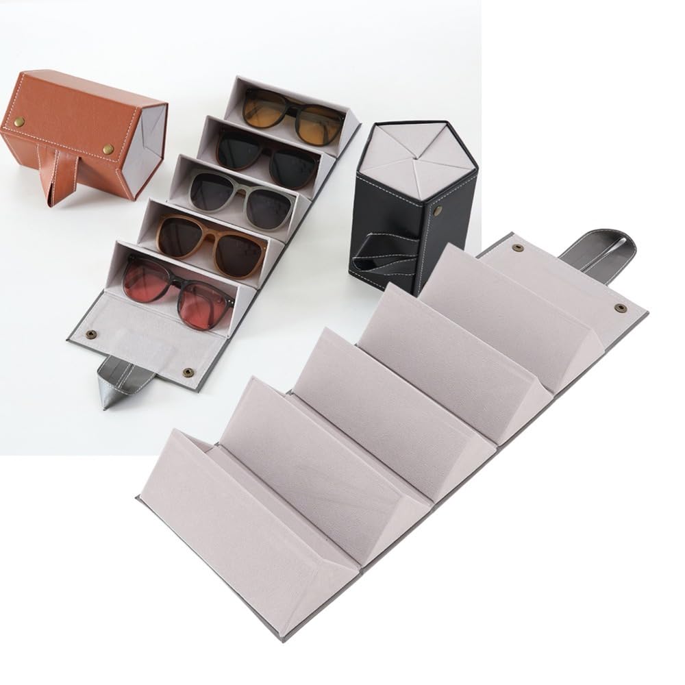 MOPFOL Sunglasses Organizer Case 8 Slots PU Leather Foldable Hanging Design Travel Eyewear Holder with Multiple Compartments for Glasses Storage(Grey)
