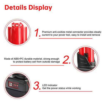 2Pces 12V 9Ah Battery Replacement Compatible for Milwaukee 48-11-0490, 48-11-2402, 48-11-2411, 48-11-2430, Cordless Power Tools & Heated Jackets with LED Indicator£¨Not Made in Milwaukee£©