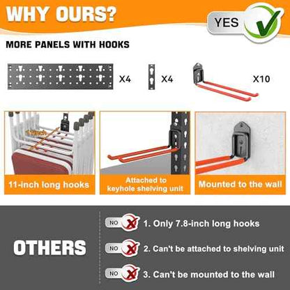 TORACK Garden Tool Organizer Wall Mount, Garage Folding Chair Storage Rack, Tools Rack for Shovels, Rakes, Broom, Ladders, Hooks for Keyhole Style Shelving Unit