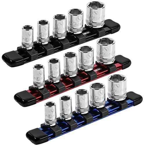 ARES 60064-3-Piece 1/4-Inch Drive 6-Inch Aluminum Socket Rail Set - Includes Red, Blue, and Black Rails - Each Aluminum Rail Stores up to 5 Sockets