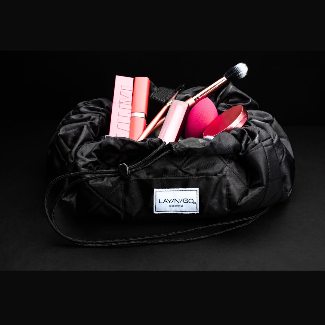 Lay-n-Go Cosmo Layflat Drawstring Cosmetic & Makeup Bag Organizer - Portable Drawstring Bag w/Zipper Pocket, Makeup Loops & More - Durable, Machine Washable Toiletry Bag for Travel (20", Black)