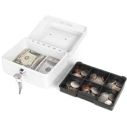 Decaller Small Cash Box with Key Lock, Double Layer Metal Money Box for Home Security, Portable Locking Box, 5.9" x 4.7" x 3.2", White