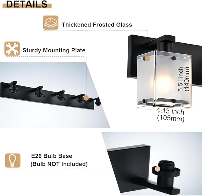 4-Lights Bathroom Vanity Lighting Over Mirror, Black Bathroom Wall Light Fixtures with Frosted Rectangular Glass Shade for Bath Living Room, E26 Bulb Base