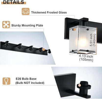 4-Lights Bathroom Vanity Lighting Over Mirror, Black Bathroom Wall Light Fixtures with Frosted Rectangular Glass Shade for Bath Living Room, E26 Bulb Base