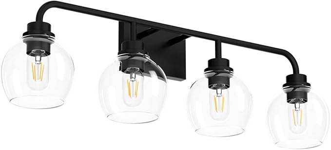 Tipace Industrial Bathroom Vanity Lighting Fixtures 4-Lights Vintage Black Finish with Globe Clear Glass Vanity Lights Farmhouse Bath Lighting(Exclude Bulb)