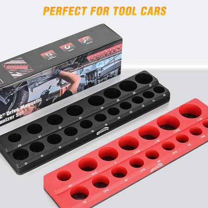 GOOACC 1/2" Magnetic Socket Organizer Set, 2 Pieces Metric & SAE Socket Drive Holders, 1/2 inch Drive Socket Organizer Trays Holds 35 Standard Sockets for Tool Box