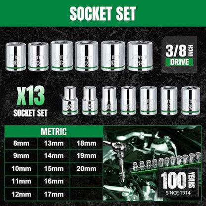SK 3/8" Drive Socket Set, Metric Sockets, 13-Piece 8-20mm, SuperKrome Finish, Premium CR-V Construction, with Aluminum Socket Organizer