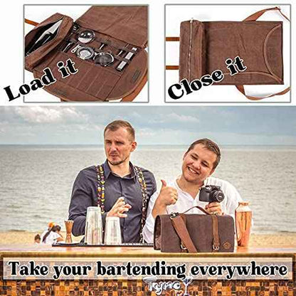 Bartender tool bag waxed canvas water resistant adjustable shoulder straps genuine leather handles 16 pockets holds 33oz bottle mobile travel design - Bag ONLY