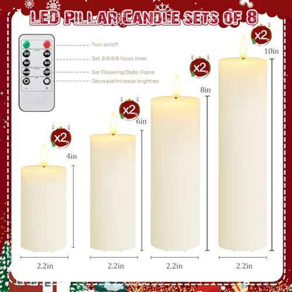 Retisee 8 Pcs Christmas LED Flameless Pillar Candles with Remote Battery Operated 3D Wick Flickering Fireplace Candle Indoor Decoration for Fall Christmas Winter, Ivory (4,6,8,and 10 Inches)