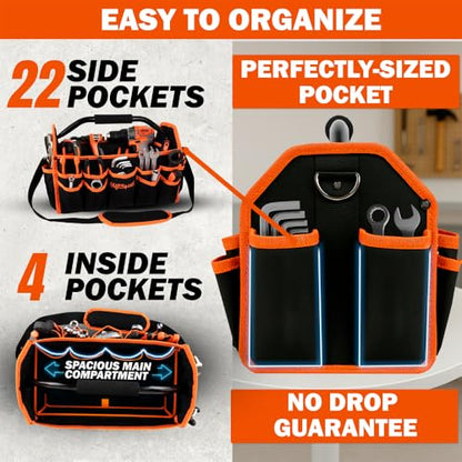 16 Inch Electrician Tool Bag, 26 Pockets Foldable Open Top Tool Bag Organizer with Handle & Padded Adjustable Strap, Heavy Duty Construction, Waterproof