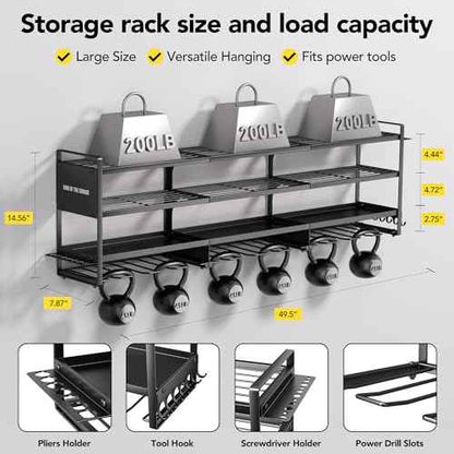 Power Tool Organizer Wall Mount with Charging Station, Cordless Tool Organizer, 12 Drill Holders 4-Tier Heavy Duty Drill Rack with 8-Outlet Power Strip, Garage Gift for Men