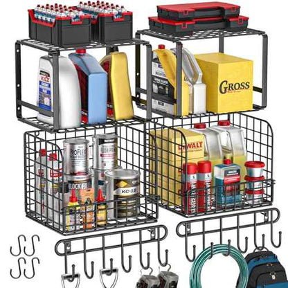 TomCare 2 Pack Garage Shelving Heavy Duty Garage Storage Shelves with Wire Baskets Laundry Room Shelves Wall Mounted shelving Tool Organizer for Shed Garden Kitchen Organization and Storage