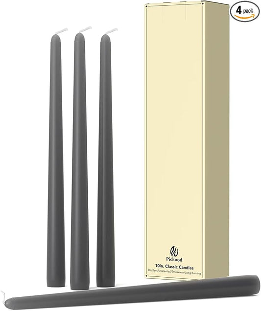10-Inch Tall Dripless Taper Candles Set of 4 - Black Gray Tapered Candles, Perfect for Spring - Smokeless, Unscented, Long Burning - Hand Poured, Colored Tall Candlesticks - Dark Gray
