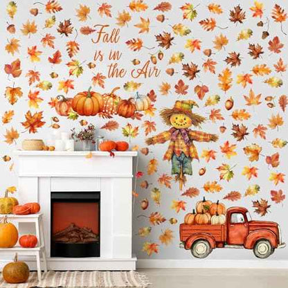 125 Pcs / 6 Sheet Thanksgiving Wall Decals Watercolor Truck Pumpkin Maple Leaves Scarecrow Wall Decals for Fall Thanksgiving Day Home Autumn Harvest Party Living School Office Party