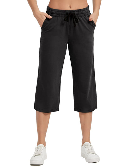 SPECIALMAGIC Women Capri Pants Cotton Yoga Wide Leg Pajama Pants Capris Sweatpants Sports Black Large