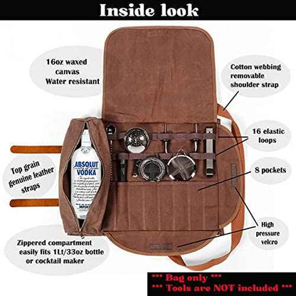 Bartender tool bag waxed canvas water resistant adjustable shoulder straps genuine leather handles 16 pockets holds 33oz bottle mobile travel design - Bag ONLY