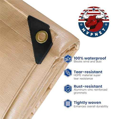 Tarp 12x20 Heavy Duty Waterproof Beige Tarp 12.5mil,Durable,Multipurpose, Weather Resistant,Uv Resistant,Tear Resistant,Can Be Used for Outdoor Furniture,Cars,Ships,Roofs-by MVPNET