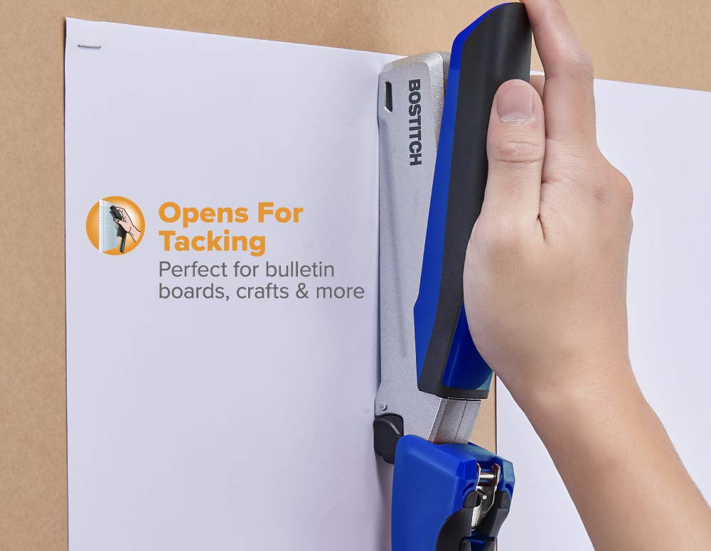 Bostitch Office InPower Spring-Powered Premium Desktop Stapler - One Finger, No Effort, Blue/Silver (1118)