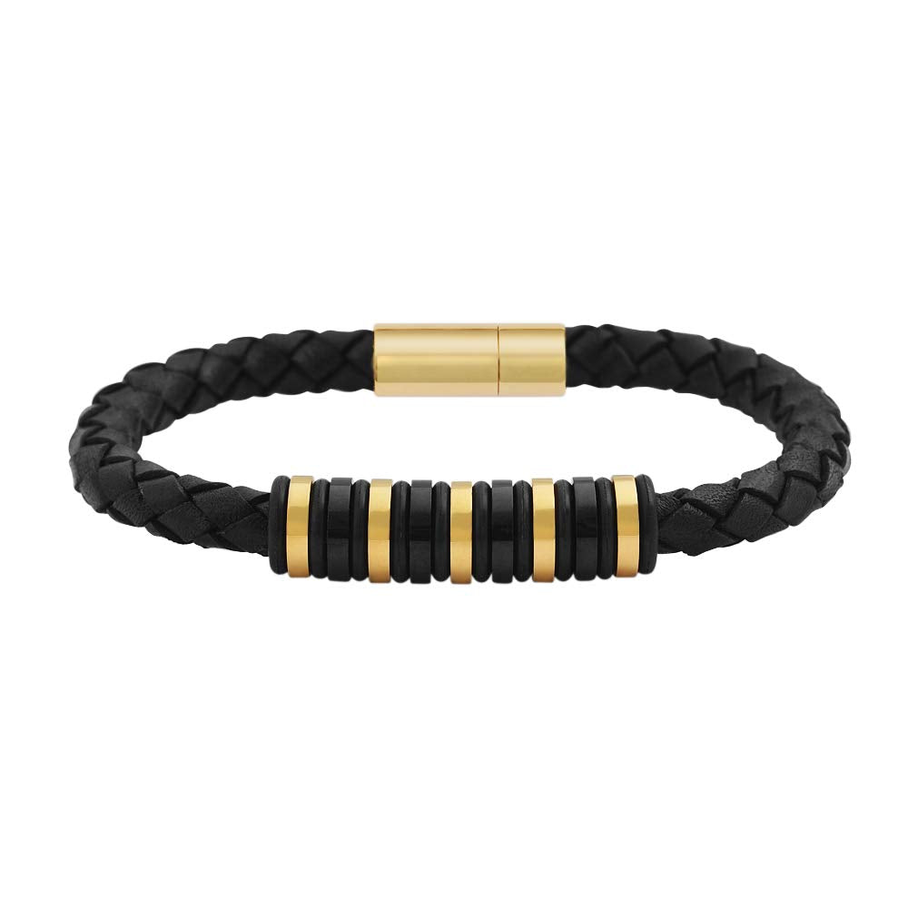 Geoffrey Beene Men's Genuine Braided Leather Bracelet with Stainless Steel Rubber Ornaments (Gold)
