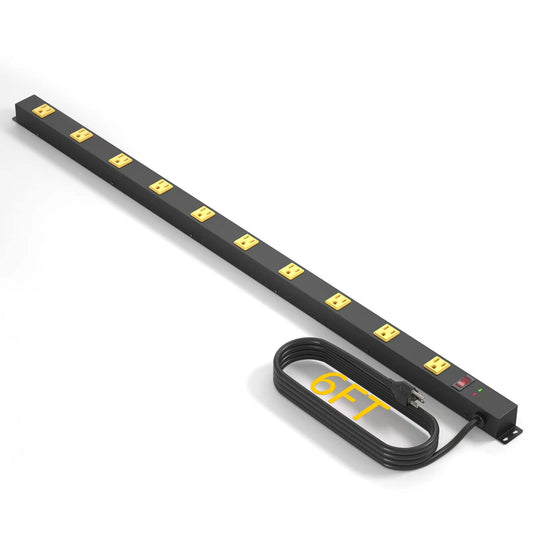 10 Outlet Long Power Strip Surge Protector, Heavy Duty Industrial Metal Power Strip 6 Feet, Wall Mountable, for Work Bench, Shop, Garage, Black (1000 Joules)