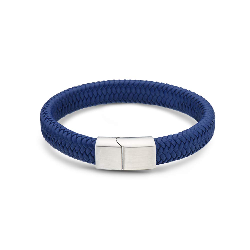 My Daily Styles Mens Blue Genuine Leather Bracelet with Stainless Steel 8" Silver