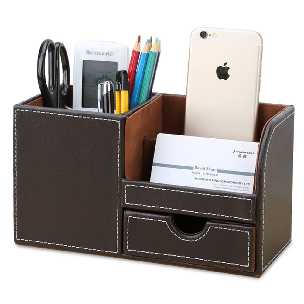 KINGFOM Desk Organizer Office Supplies Caddy Pu Leather Multi-function Storage Box Pen/Pencil,Cell phone, Business Name Cards Remote Control Holder with Small Drawer Brown