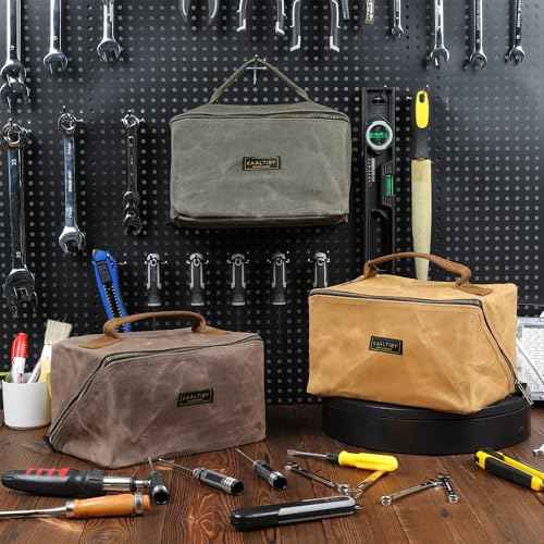 Heavy Duty Tool Storage Organizer, Tool Pouch with Metal Zipper + Handle, 16 OZ Waxed Canvas Tool Bag | 3-Pack | Army Green + Khaki + Grey