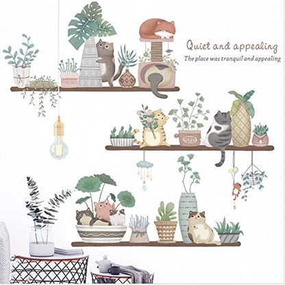 Cute Cat Stickers and Potted Plant Wall Stickers, Watercolour Removable Wall Stickers for Cat Flowerpots and Plant Leaves, Self-adhesive Vinyl Art Decor Murals for Children Babies Living Room TV