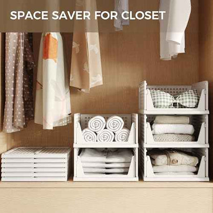 Pinkpum 8 Pack Closet Organizers and Storage Plastic Stackable Storage Bins, Foldable Drawer Shelf Storage Container for Wardrobe Kitchen Bathroom Dorm White