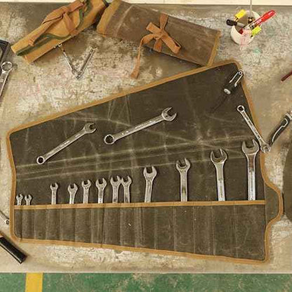 Tool Roll, Heavy Duty 16oz Waxed Canvas Wrench Roll Up Pouch, Multi-Purpose Tool Organize Bag with Straps (26.5" X 12.5", ArmyGreen)