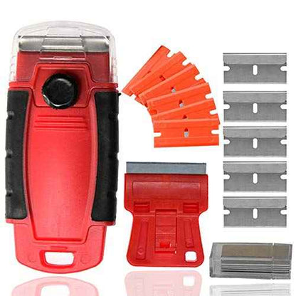 Plastic Razor Blade Scraper Hand Held Window Vinyl Tint Scraper with Protective Cover Mini Razor Blade Red Scraper, Metal Razor Blades Plastic Scraper Blades Removal Scraping Tool Kit