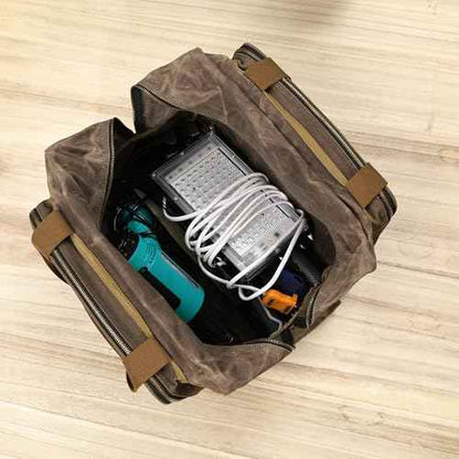 Kaaltisy 16oz Waxed Canvas Tool Bag ? Robust Zipper Garden Tools Tote with 3 Compartments & Padded Handle (Grey) ? Tool Organizer for Gardening Wire Cutters Goggles