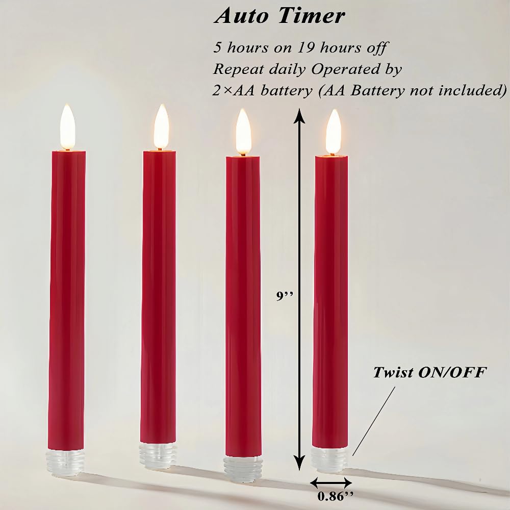 Simplelight Red Flameless Taper Candles with Timer, 9 Inch, Pack of 4