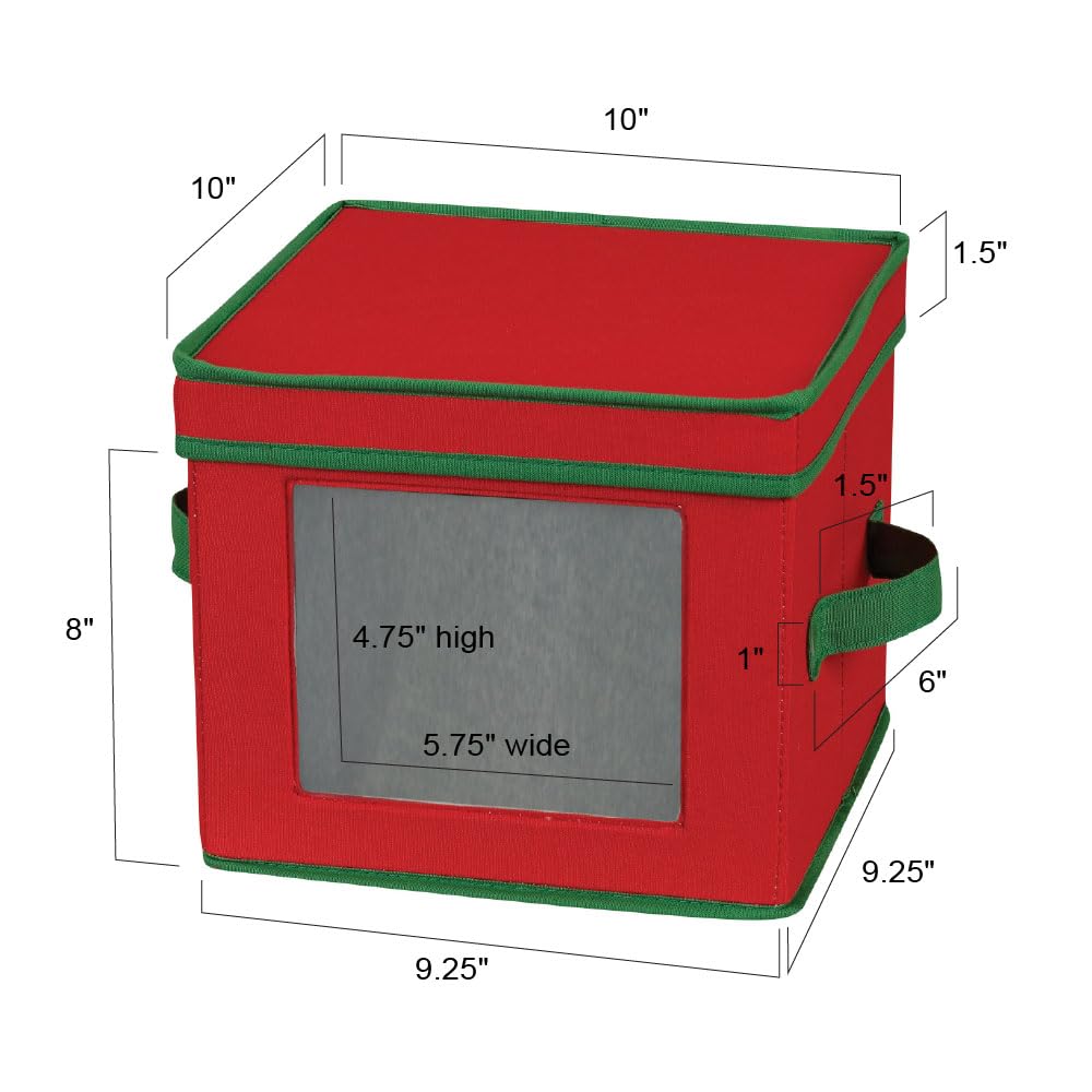 Household Essentials Holiday China Plate Storage Box, Salad Plate Storage, Windowed Panel, Stackable and Foldable Frame, Handles and Fully Removable Lid, Red with Green Trim