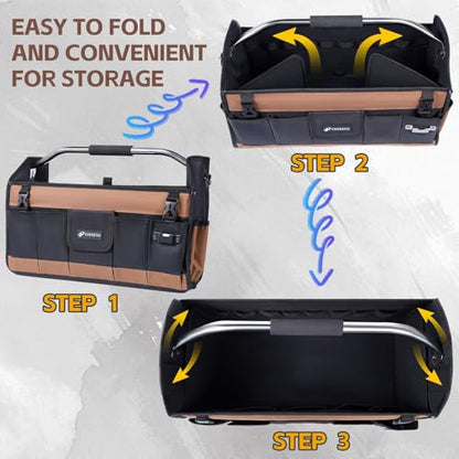 20 Inch Tool Bag, Foldable 19 Pockets Tool Tote Bags with Tool Organizer with Adjustable Shoulder Strap, Easy Carry and Easy Tool Access Open Top Tool Bag