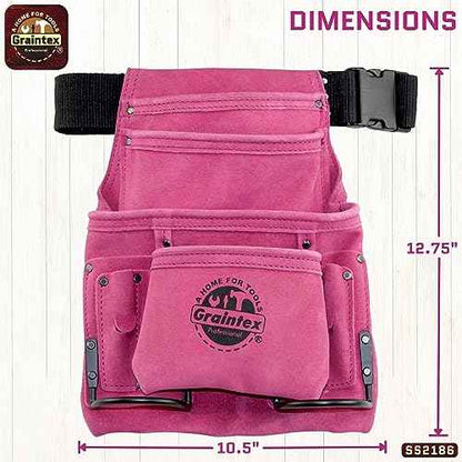 Graintex SS2186 10 Pocket Nail & Tool Pouch Pink Color Suede Leather with 2?¢æ Webbing Belt for Constructors, Electricians, Plumbers, Handymen