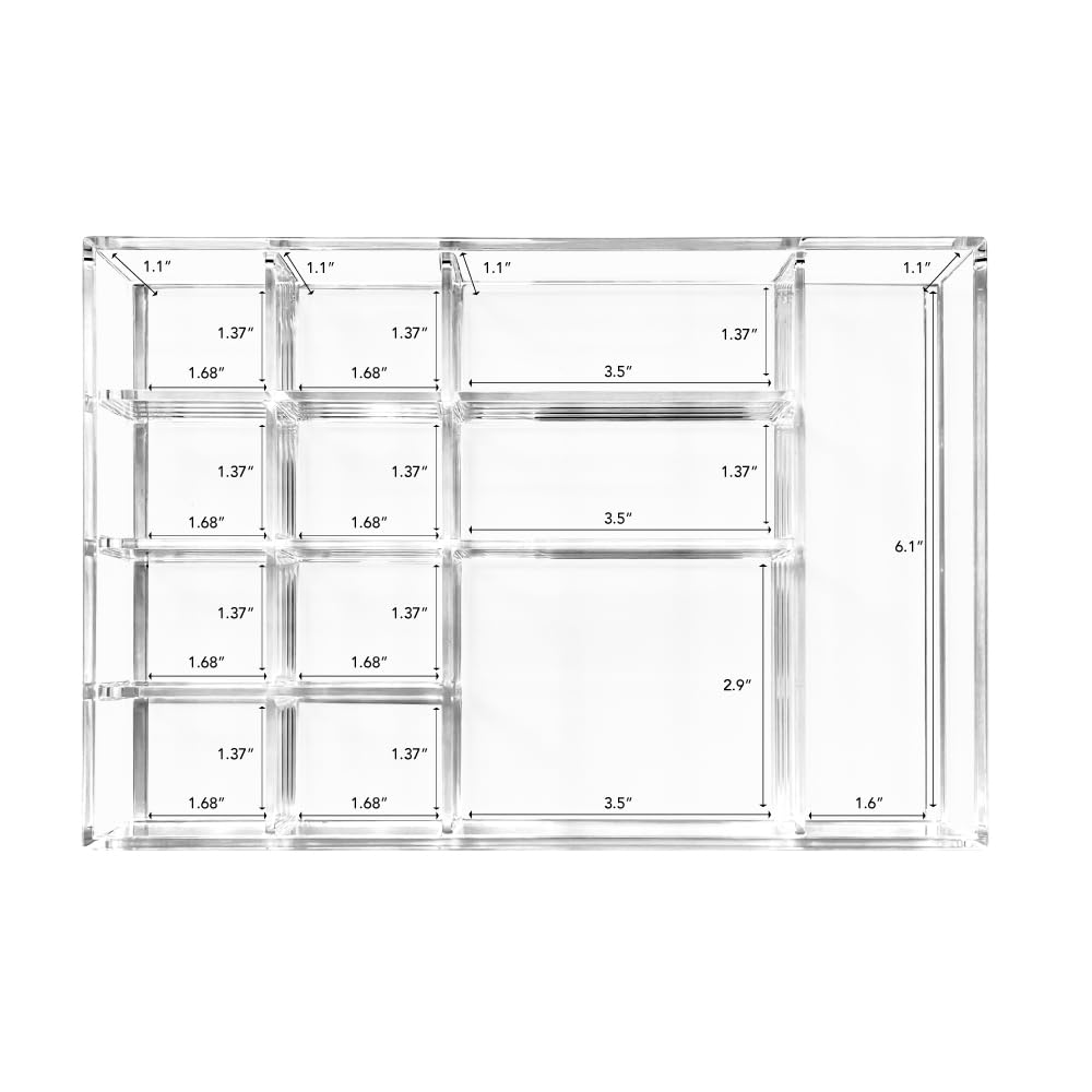 Isaac Jacobs 12-Compartment Clear Acrylic Drawer Organizer (9.4" L x 6.4" W x 1.3" H), Multi-Sectional Tray & Storage Solution for Makeup, School & Office Supplies, Bathroom, Kitchen