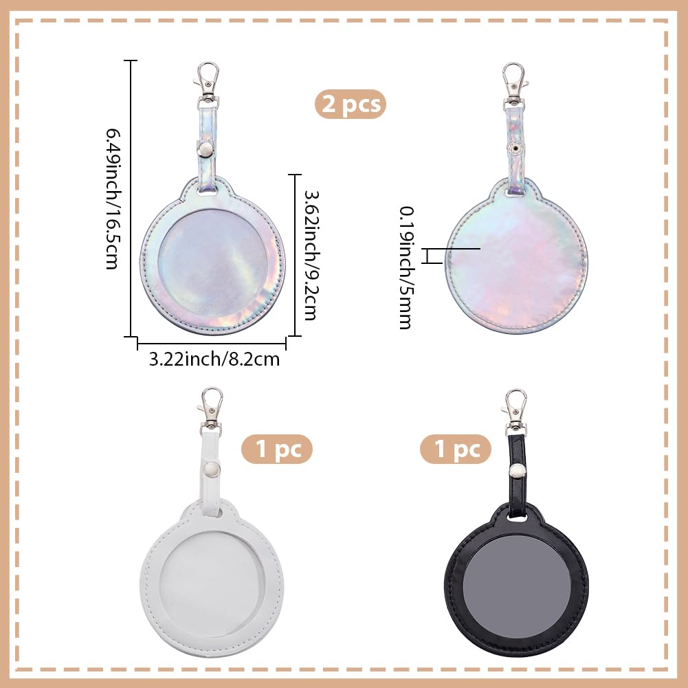 CALFOVERA 4 Colors PU Leather Bag Badge Holder Portable Clear Button Display Case Keychain with Clip Round Badge Protector Carabiner Waterproof Backpack Pendant Cover Keyring for Animation Peripheral