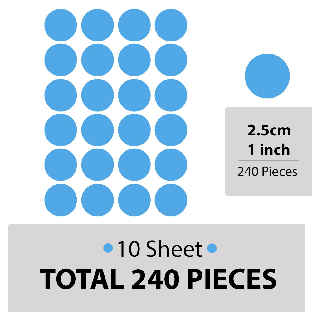 Colorful Dot Wall Stickers - Set of 9 Peel & Stick Decals for Kids Rooms, Nursery, and Crafts (Baby Blue, 1 inch dot 240)